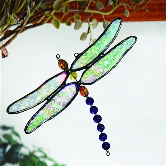 Stained Glass Dragonfly Ornament – Iridescent Clear Textured Glass Suncatcher - Picture 4 of 5